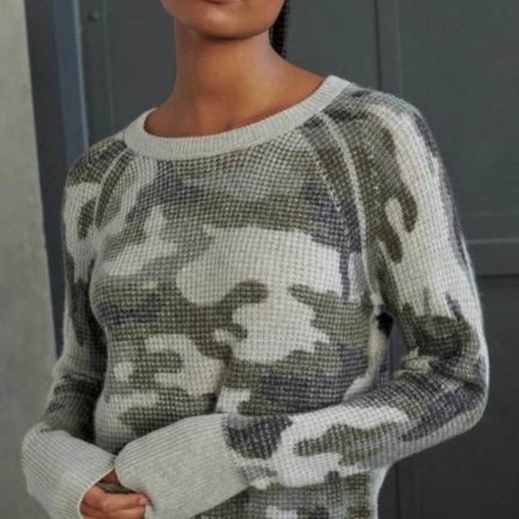 White + Warren Sweaters - White + Warren Cashmere Camo Thermal Sweatshirt - Khaki Green Camo